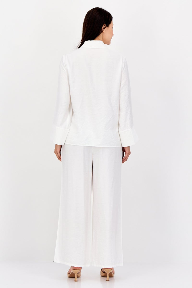 bebe Women 2 Pieces Plain Long Shirt And Palazzo Pants Set, White - Image 3